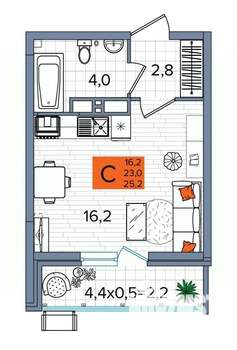Студия квартира, сданный дом, 25м2, 16/16 этаж