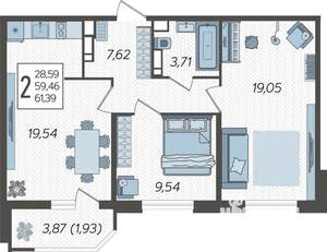 2-к квартира, строящийся дом, 63м2, 23/23 этаж