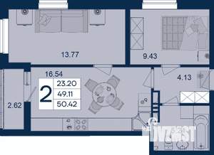 2-к квартира, вторичка, 50м2, 9/18 этаж