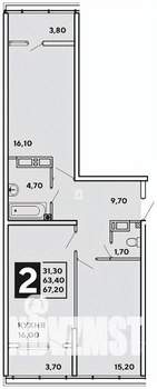 2-к квартира, вторичка, 67м2, 6/16 этаж