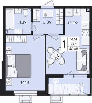 1-к квартира, вторичка, 41м2, 2/9 этаж
