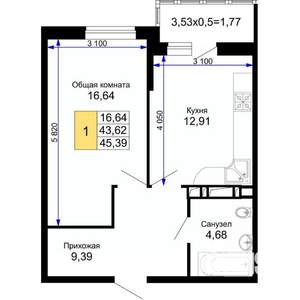 1-к квартира, вторичка, 45м2, 11/15 этаж
