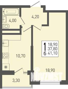 1-к квартира, строящийся дом, 41м2, 13/22 этаж