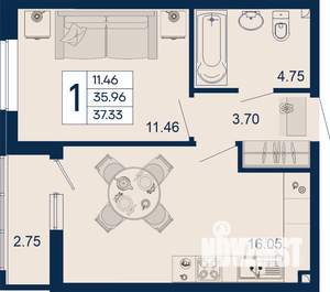 1-к квартира, вторичка, 37м2, 2/18 этаж