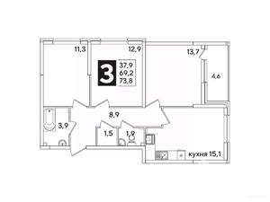 3-к квартира, вторичка, 73м2, 11/16 этаж
