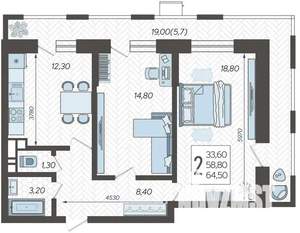 2-к квартира, строящийся дом, 65м2, 2/12 этаж