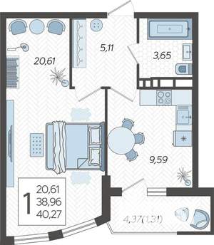 1-к квартира, строящийся дом, 40м2, 19/21 этаж