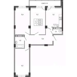 3-к квартира, вторичка, 82м2, 13/15 этаж