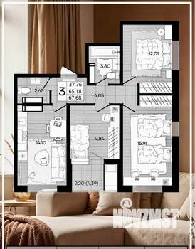 3-к квартира, вторичка, 67м2, 8/18 этаж