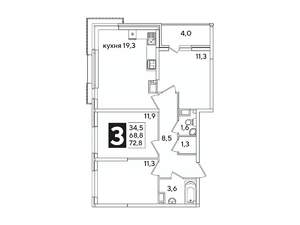 3-к квартира, вторичка, 73м2, 12/16 этаж