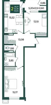 2-к квартира, вторичка, 66м2, 13/18 этаж