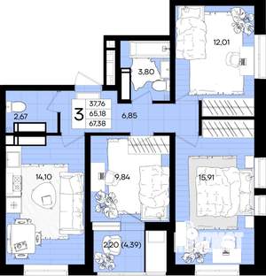 3-к квартира, строящийся дом, 67м2, 3/18 этаж