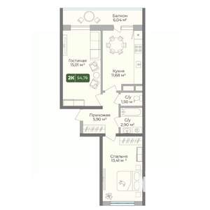 2-к квартира, вторичка, 55м2, 2/10 этаж