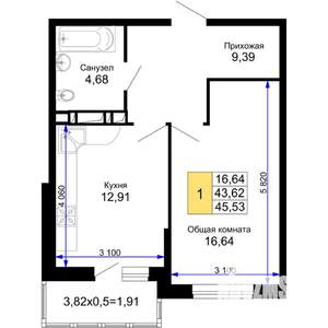 1-к квартира, строящийся дом, 46м2, 6/15 этаж