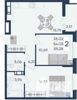 2-к квартира, вторичка, 55м2, 15/18 этаж