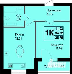 1-к квартира, вторичка, 36м2, 9/12 этаж