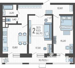 2-к квартира, строящийся дом, 68м2, 6/12 этаж