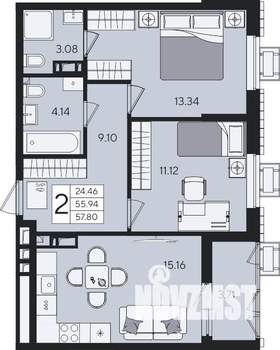 2-к квартира, вторичка, 58м2, 4/8 этаж