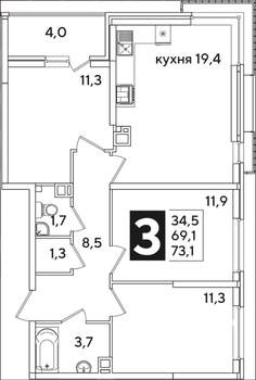 3-к квартира, вторичка, 73м2, 3/16 этаж