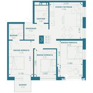 3-к квартира, вторичка, 78м2, 9/18 этаж