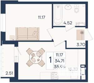 1-к квартира, вторичка, 36м2, 12/18 этаж