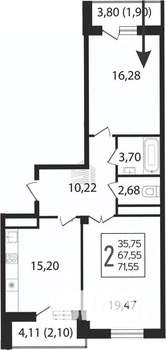 2-к квартира, вторичка, 66м2, 14/16 этаж