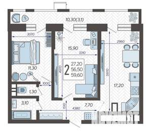 2-к квартира, вторичка, 60м2, 7/12 этаж