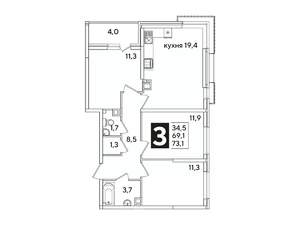 3-к квартира, вторичка, 73м2, 6/16 этаж