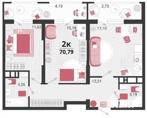 2-к квартира, вторичка, 71м2, 17/18 этаж