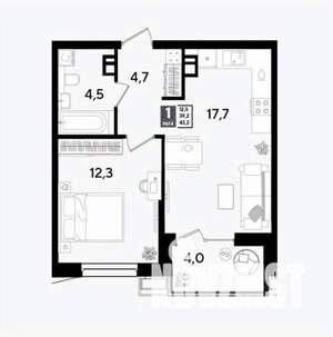 1-к квартира, строящийся дом, 43м2, 8/18 этаж