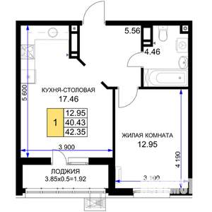 1-к квартира, строящийся дом, 42м2, 9/18 этаж