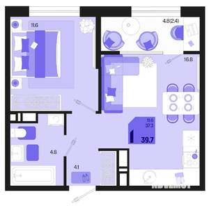 1-к квартира, вторичка, 40м2, 17/18 этаж