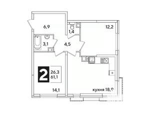 2-к квартира, вторичка, 61м2, 6/16 этаж