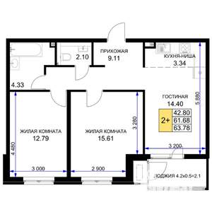 2-к квартира, строящийся дом, 64м2, 2/16 этаж