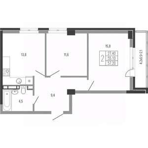 2-к квартира, вторичка, 59м2, 14/15 этаж