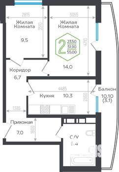 2-к квартира, вторичка, 55м2, 3/21 этаж
