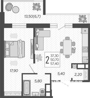 2-к квартира, вторичка, 57м2, 14/16 этаж