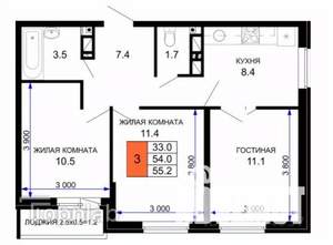 3-к квартира, вторичка, 55м2, 7/16 этаж