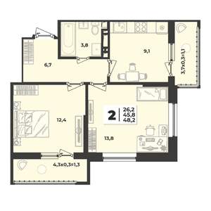 2-к квартира, строящийся дом, 48м2, 8/9 этаж