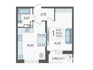 1-к квартира, вторичка, 38м2, 1/19 этаж