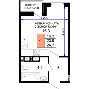 1-к квартира, строящийся дом, 25м2, 16/16 этаж