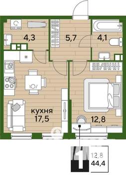 1-к квартира, строящийся дом, 44м2, 6/16 этаж