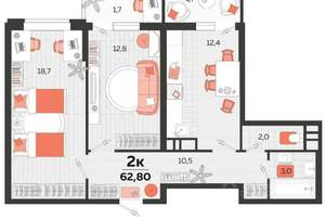 2-к квартира, вторичка, 63м2, 14/22 этаж
