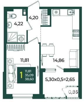 1-к квартира, вторичка, 39м2, 8/18 этаж
