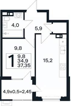 1-к квартира, вторичка, 37м2, 4/4 этаж