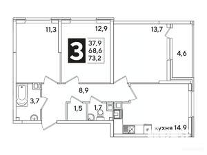 3-к квартира, вторичка, 73м2, 5/16 этаж