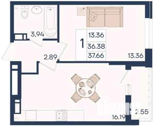 1-к квартира, вторичка, 38м2, 5/18 этаж