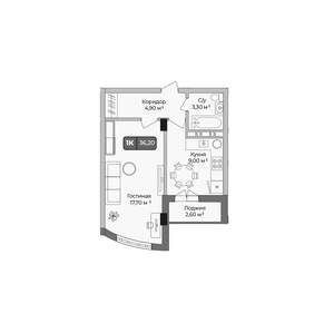 1-к квартира, вторичка, 36м2, 3/9 этаж