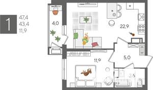 1-к квартира, строящийся дом, 47м2, 23/24 этаж