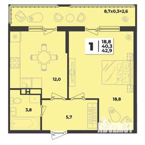 1-к квартира, строящийся дом, 43м2, 2/9 этаж